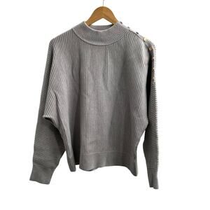 Tahari Ribbed Knit Gold Button Detail Gray Stretch Mock Neck Sweater Large